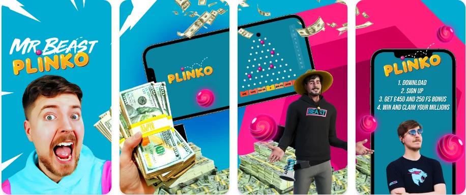 Promotional image for 'Mr. Beast Plinko' featuring a popular content creator holding stacks of cash. The image shows the Plinko game interface on a phone screen, with money and coins falling. Instructions on the right side read: 1. Download, 2. Sign up, 3. Get £450 and 250 FS bonus, 4. Win and claim your millions. The background includes bright colors and playful graphics, with the content creator appearing in various poses surrounded by money.